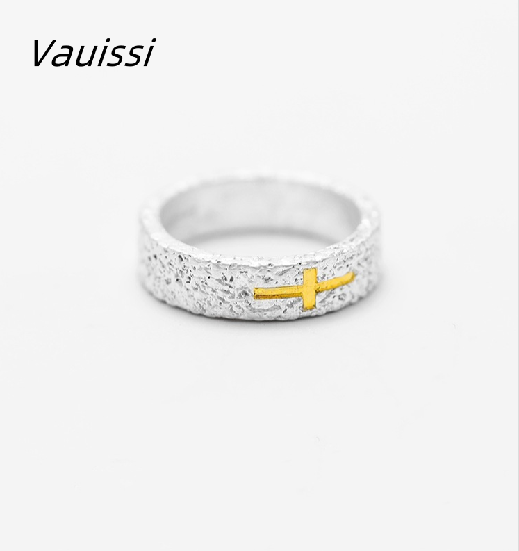Vauissi 手工十字架铜镀银潮男高级感个性复古戒指
