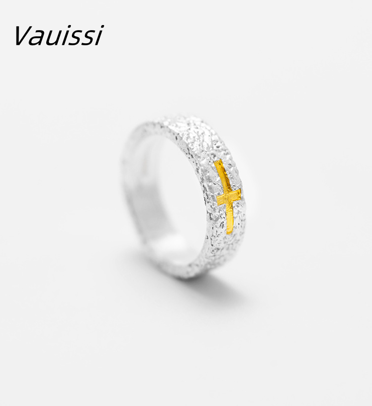 Vauissi 手工十字架铜镀银潮男高级感个性复古戒指