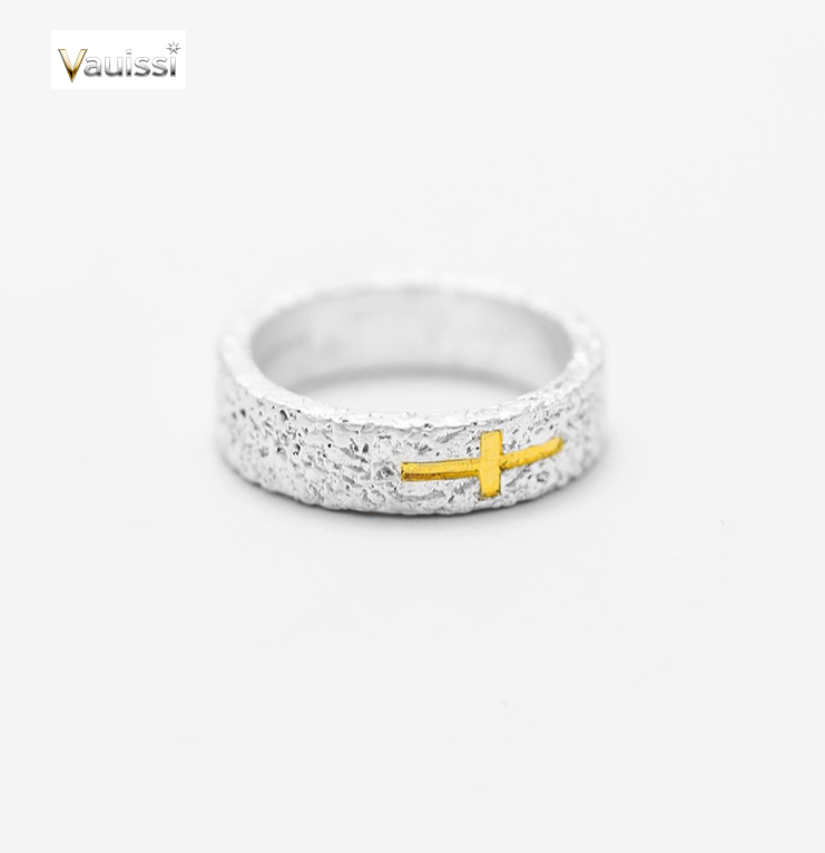 Vauissi 手工十字架铜镀银潮男高级感个性复古戒指