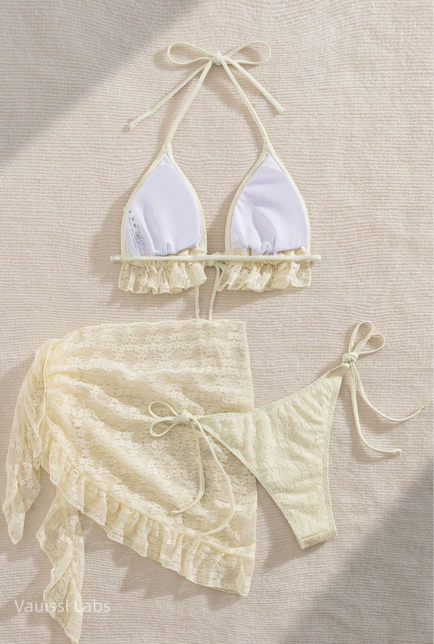 Vauissi Lace Bikini Set 3pieces 2color beige and yellow