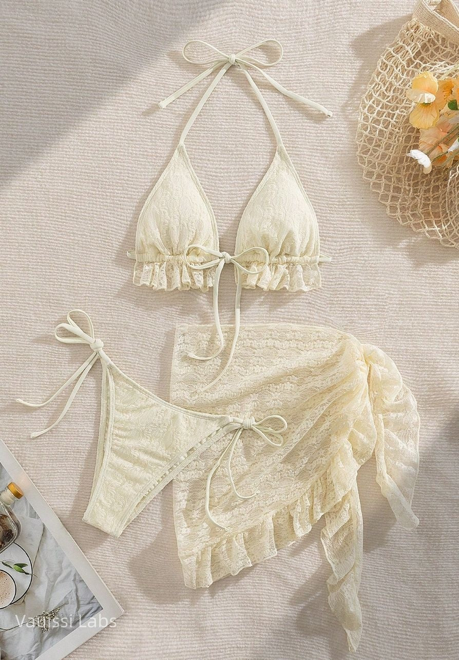 Vauissi Lace Bikini Set 3pieces 2color beige and yellow