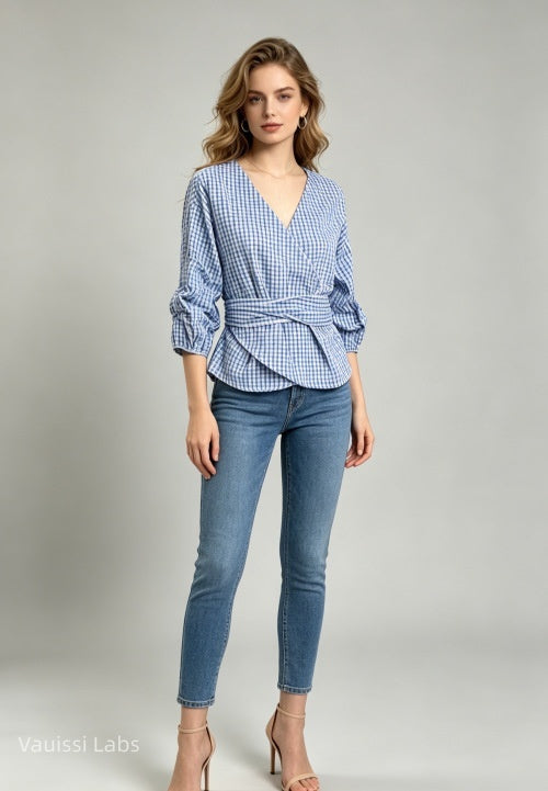 Vauissi blue and white plaid V-neck waist-tie Shirt