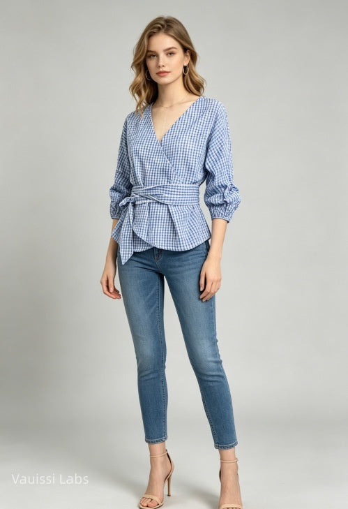 Vauissi blue and white plaid V-neck waist-tie Shirt