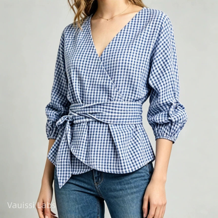 Vauissi blue and white plaid V-neck waist-tie Shirt