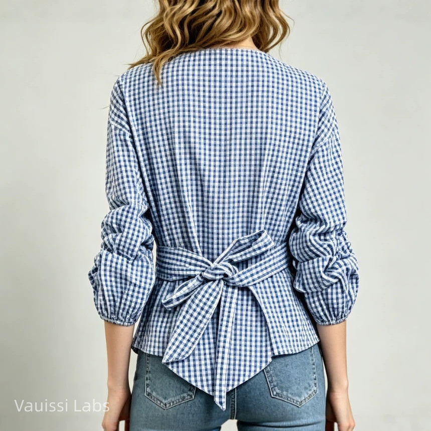 Vauissi blue and white plaid V-neck waist-tie Shirt