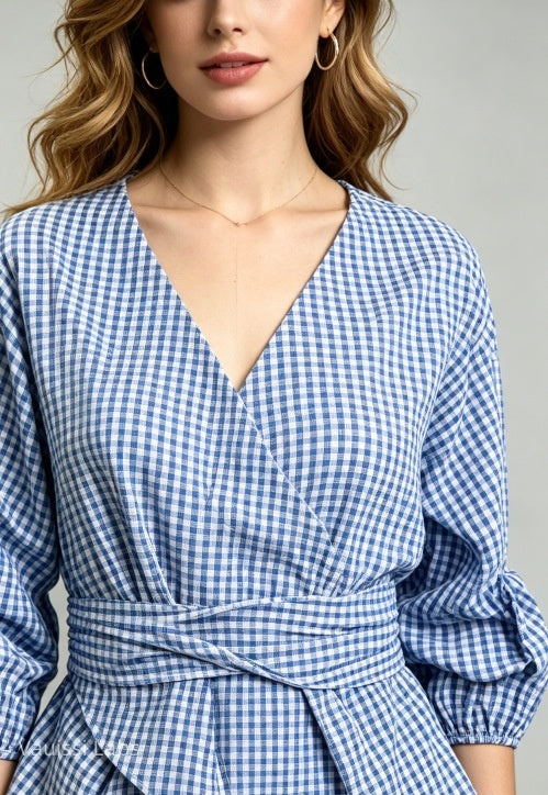 Vauissi blue and white plaid V-neck waist-tie Shirt