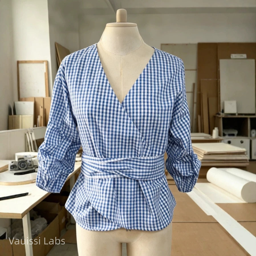 Vauissi blue and white plaid V-neck waist-tie Shirt