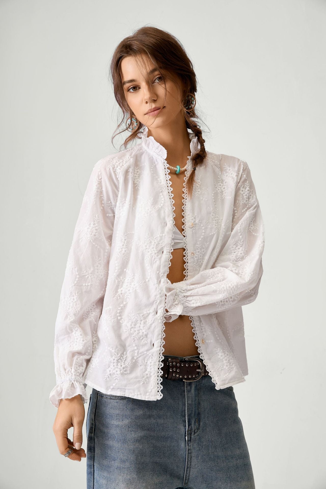 Vauissi stand-collar lace white shirt