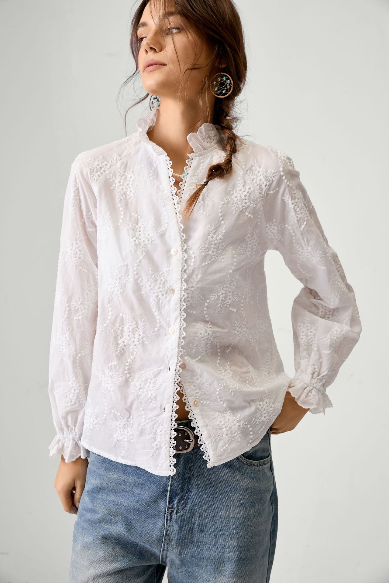 Vauissi stand-collar lace white shirt