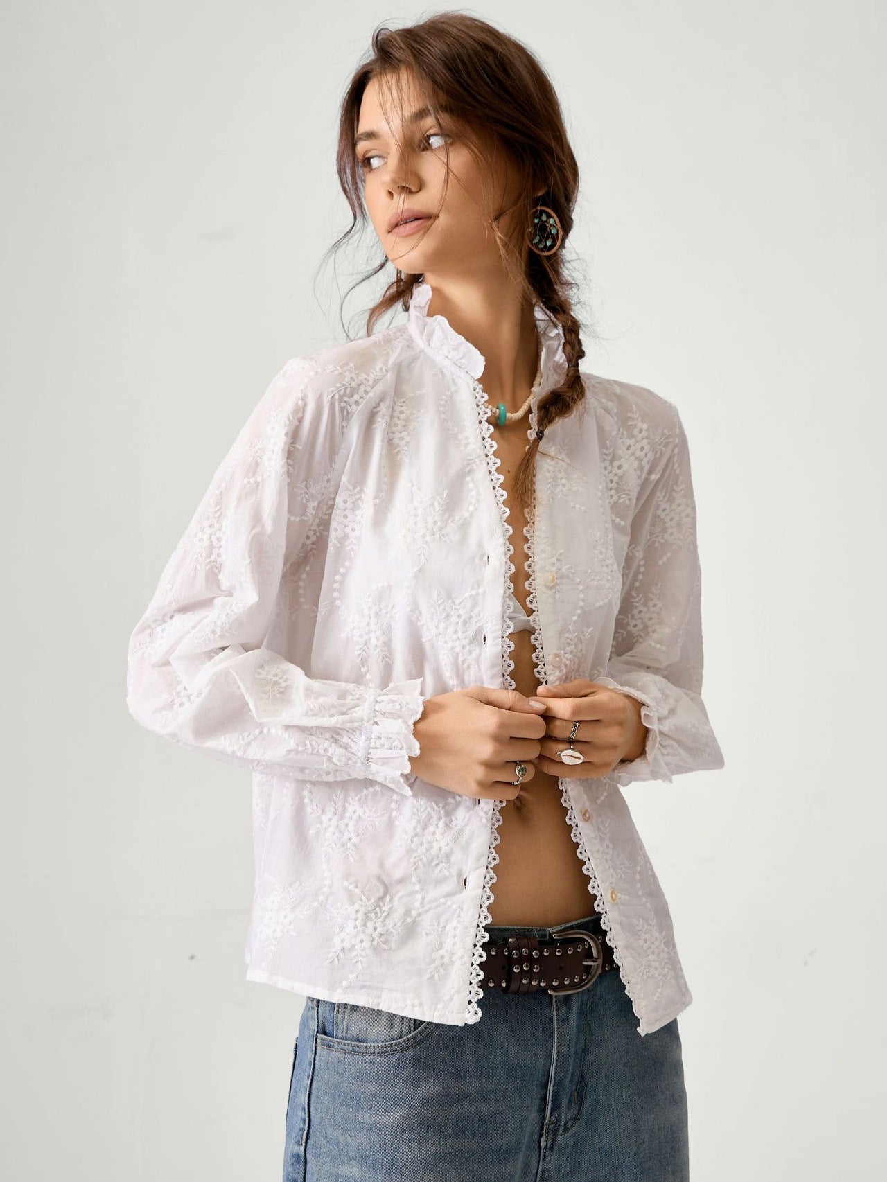 Vauissi stand-collar lace white shirt