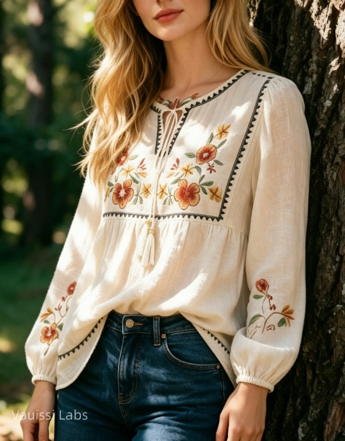 Vauissi Bohemian-style embroidered shirt