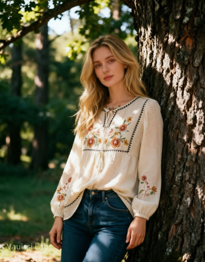 Vauissi Bohemian-style embroidered shirt