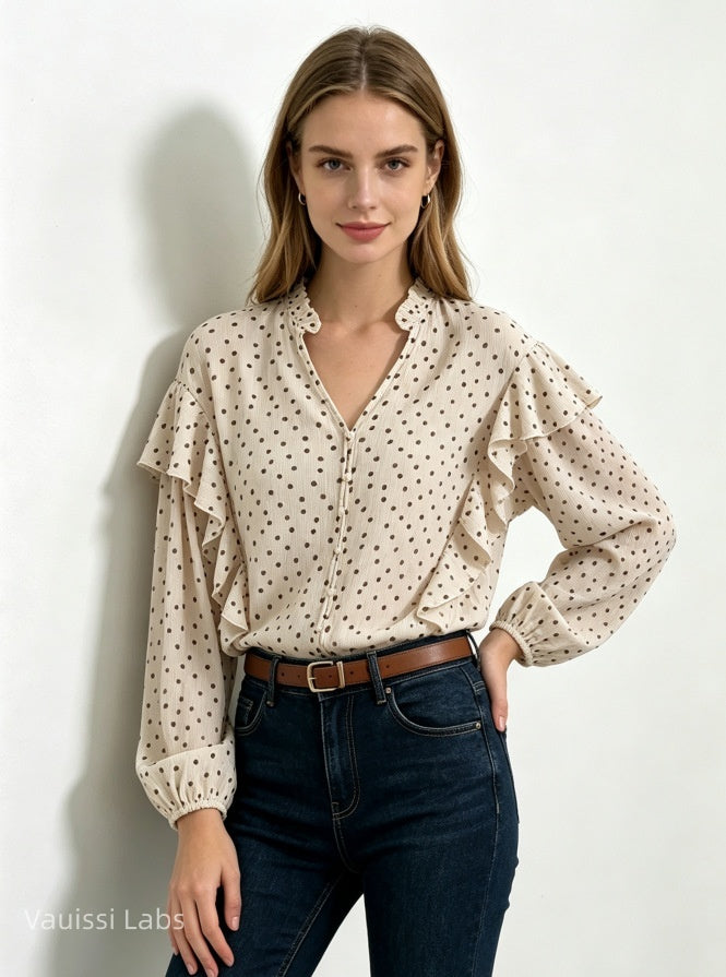 Vauissi Polka Dot Ruffle Shirt