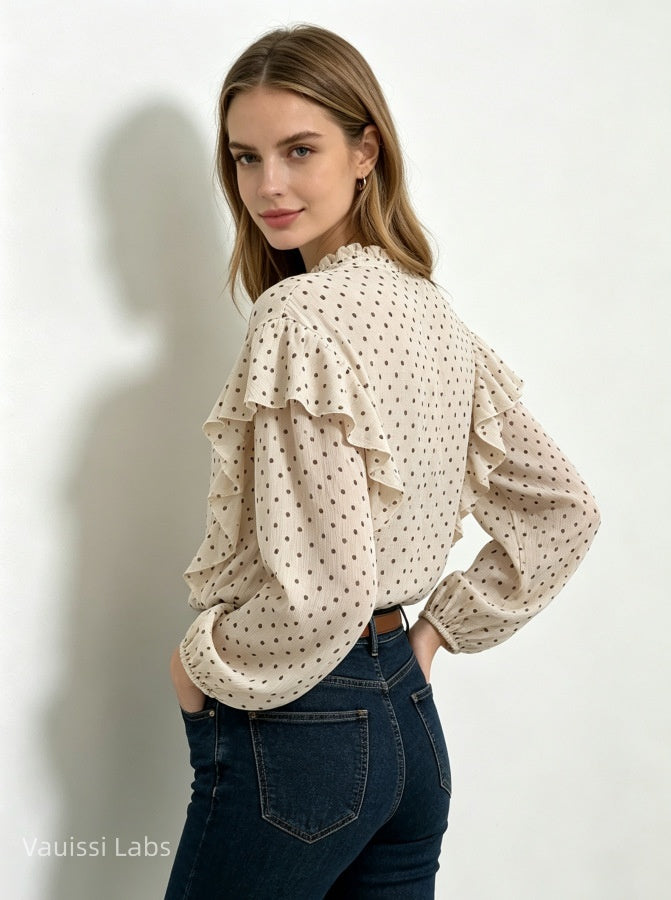 Vauissi Polka Dot Ruffle Shirt