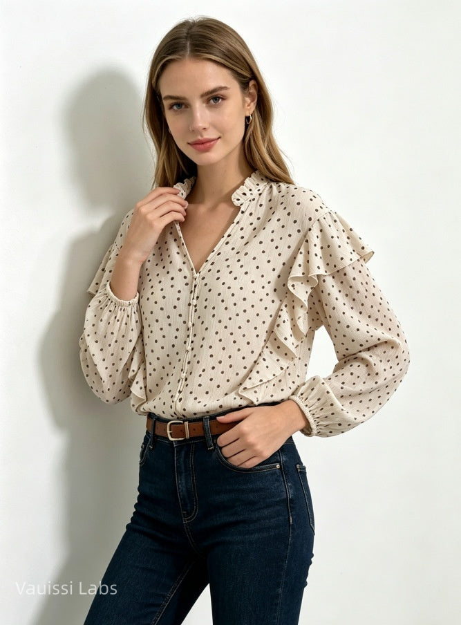 Vauissi Polka Dot Ruffle Shirt