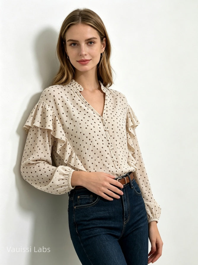 Vauissi Polka Dot Ruffle Shirt