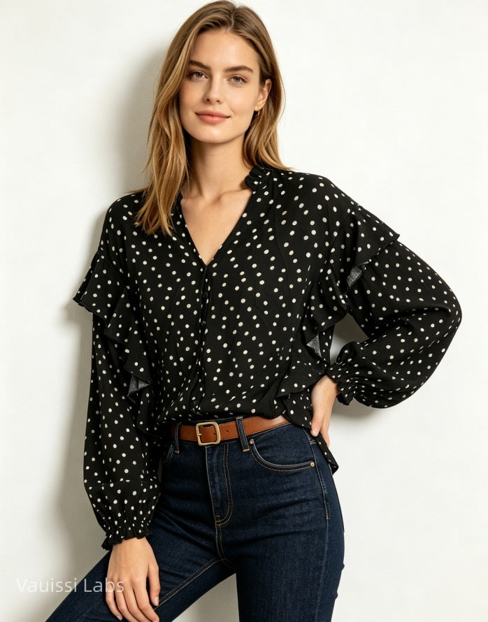 Vauissi Polka Dot Ruffle Shirt