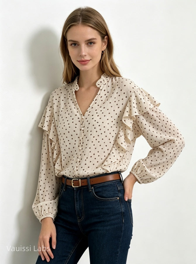 Vauissi Polka Dot Ruffle Shirt