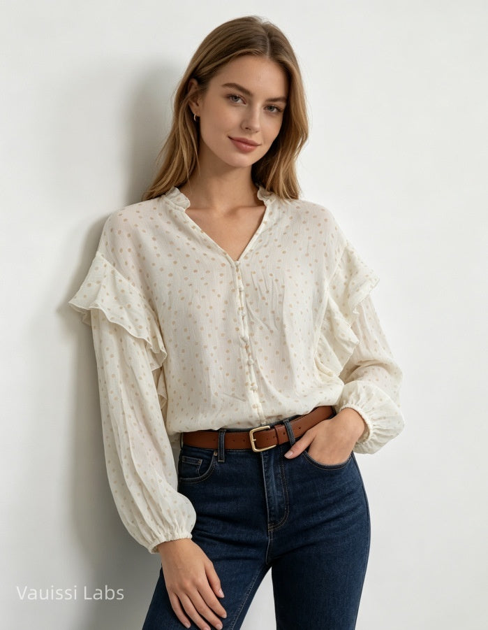 Vauissi Polka Dot Ruffle Shirt