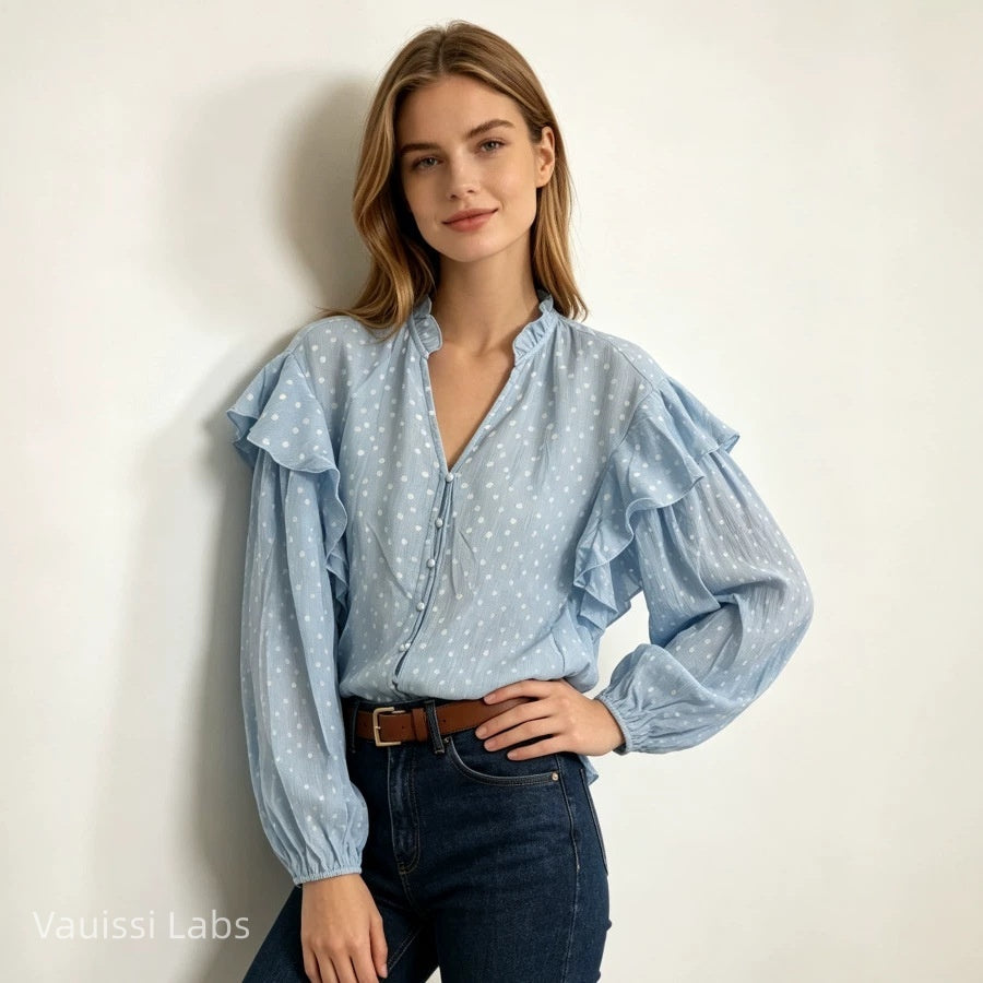 Vauissi Polka Dot Ruffle Shirt