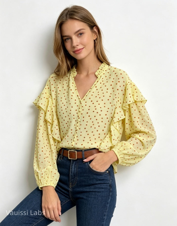 Vauissi Polka Dot Ruffle Shirt