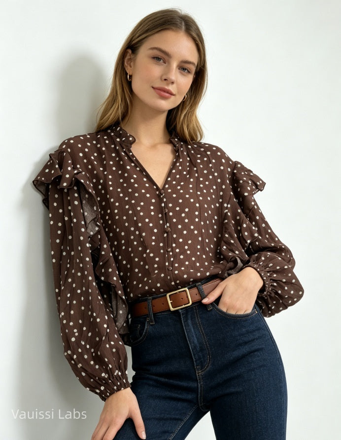 Vauissi Polka Dot Ruffle Shirt