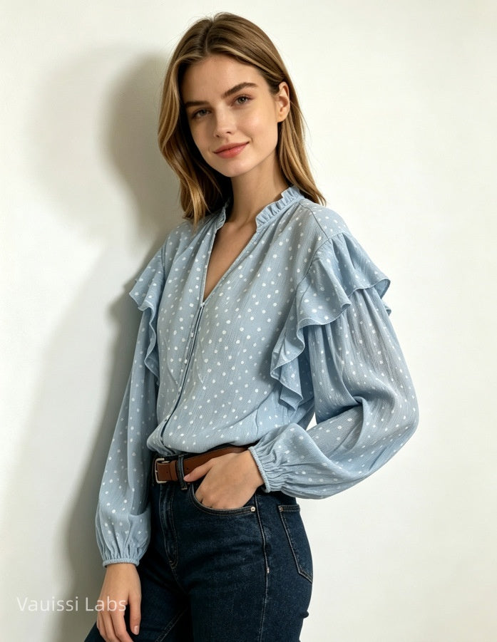 Vauissi Polka Dot Ruffle Shirt