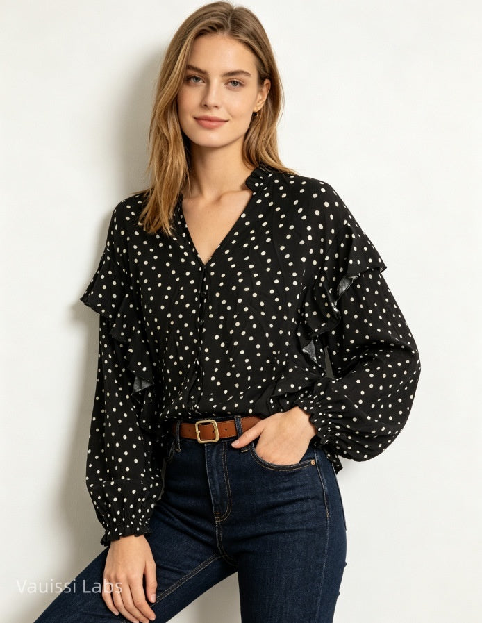 Vauissi Polka Dot Ruffle Shirt