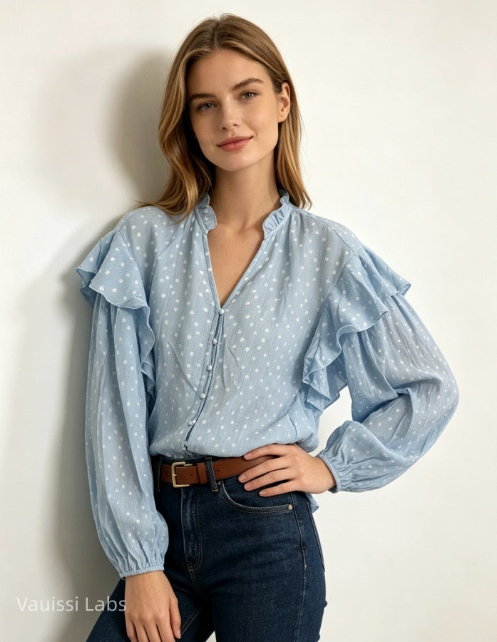 Vauissi Polka Dot Ruffle Shirt