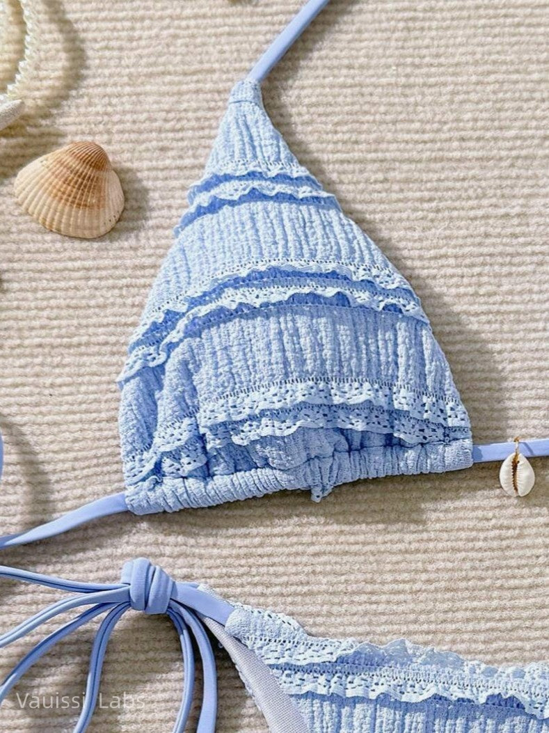 [Vauissi Labs ] Happy Ocean Beach Shell & Lace Decor Bikini Set