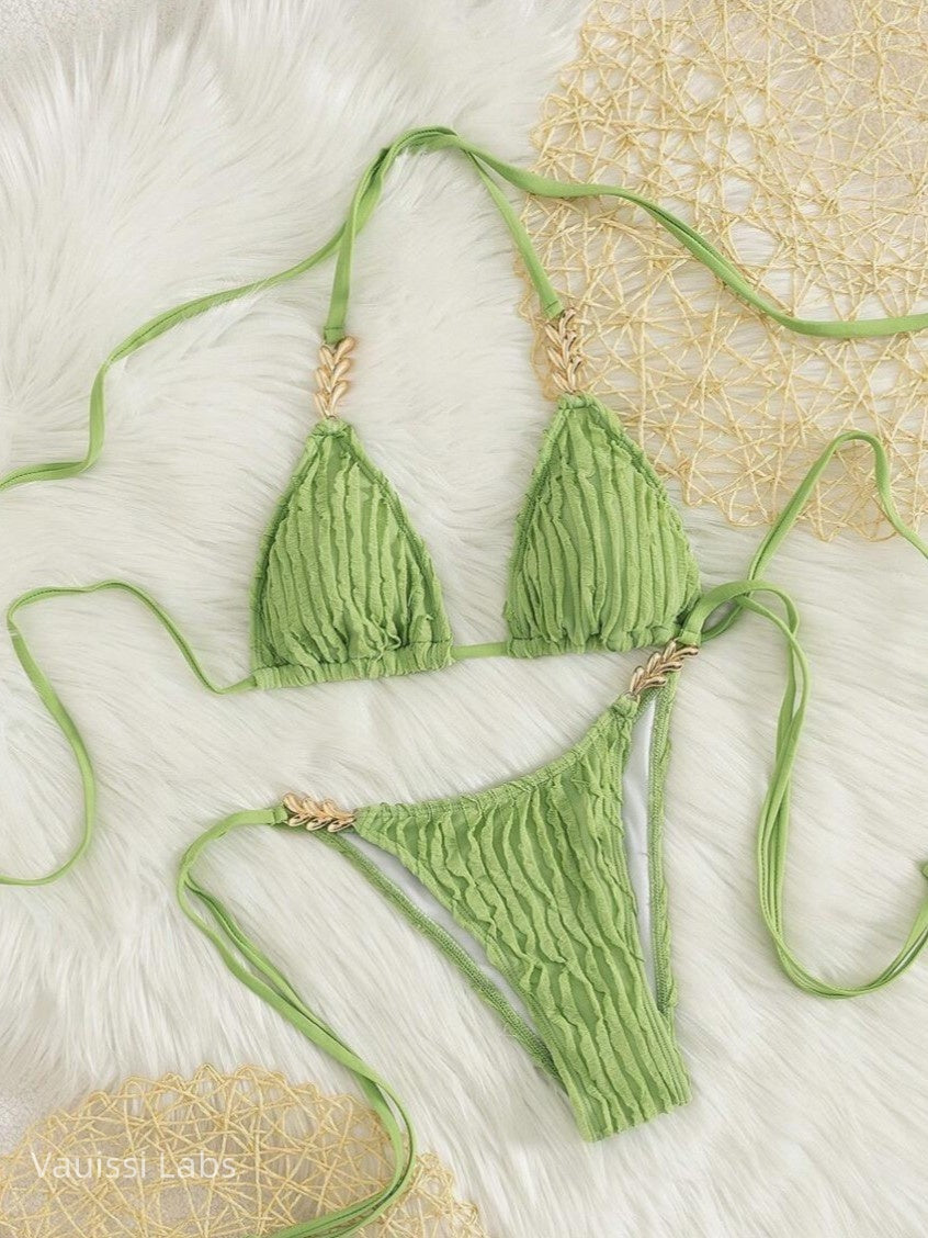 [Vauissi  Labs] Gold Heart Jacquard Fabric Bikini Set