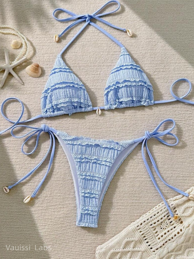 [Vauissi Labs ] Happy Ocean Beach Shell & Lace Decor Bikini Set