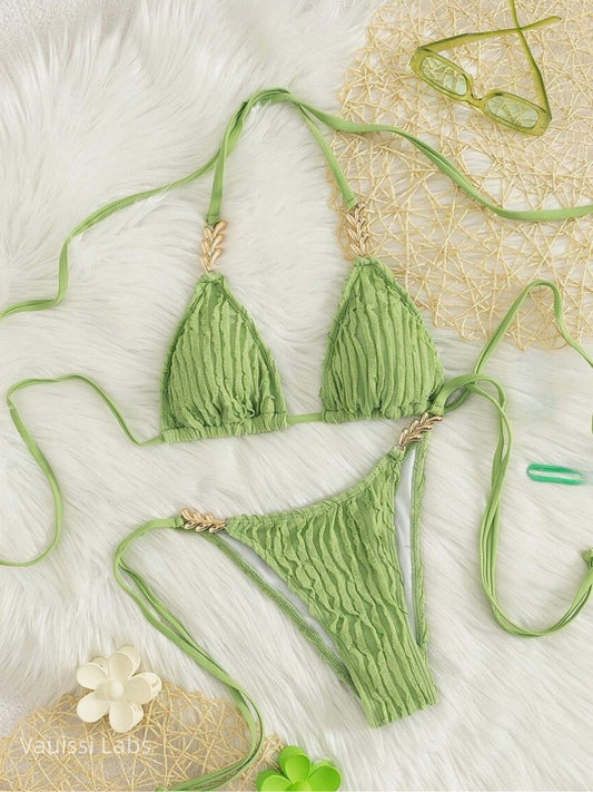 [Vauissi  Labs] Gold Heart Jacquard Fabric Bikini Set