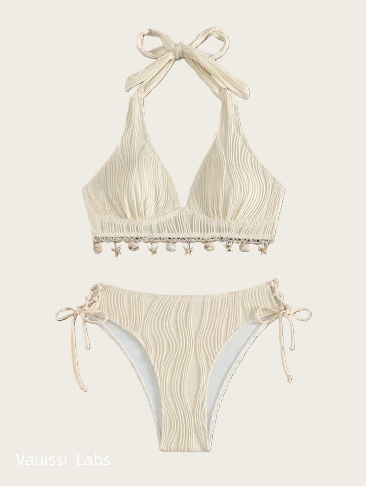 [Vauissi Labs] Shell-Decor Jacquard Halter Tie Bikini Set