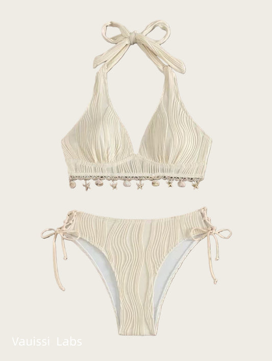 [Vauissi Labs] Shell-Decor Jacquard Halter Tie Bikini Set