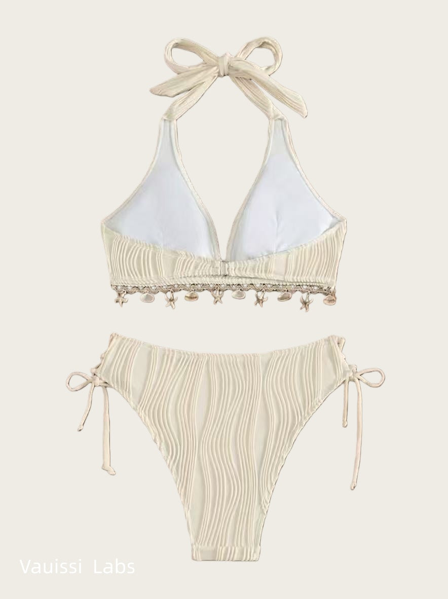 [Vauissi Labs] Shell-Decor Jacquard Halter Tie Bikini Set