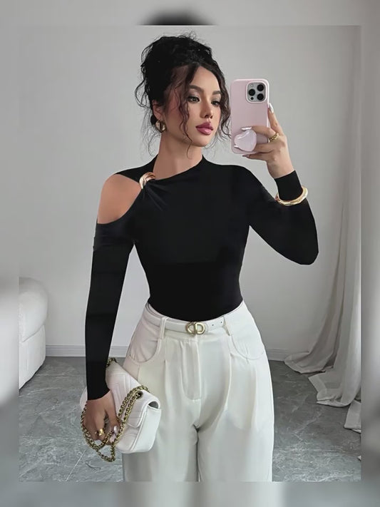 【Vauissi Labs】cool girl fashion lady off-shoulder long sleeves T-shirt