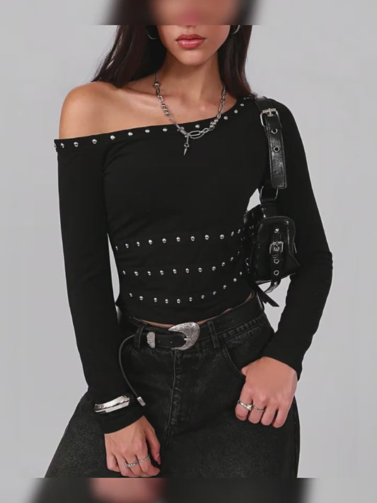 【Vauissi Lab】cool girl fashion lady off-shoulder, rivet-decorated long sleeves T-shirt